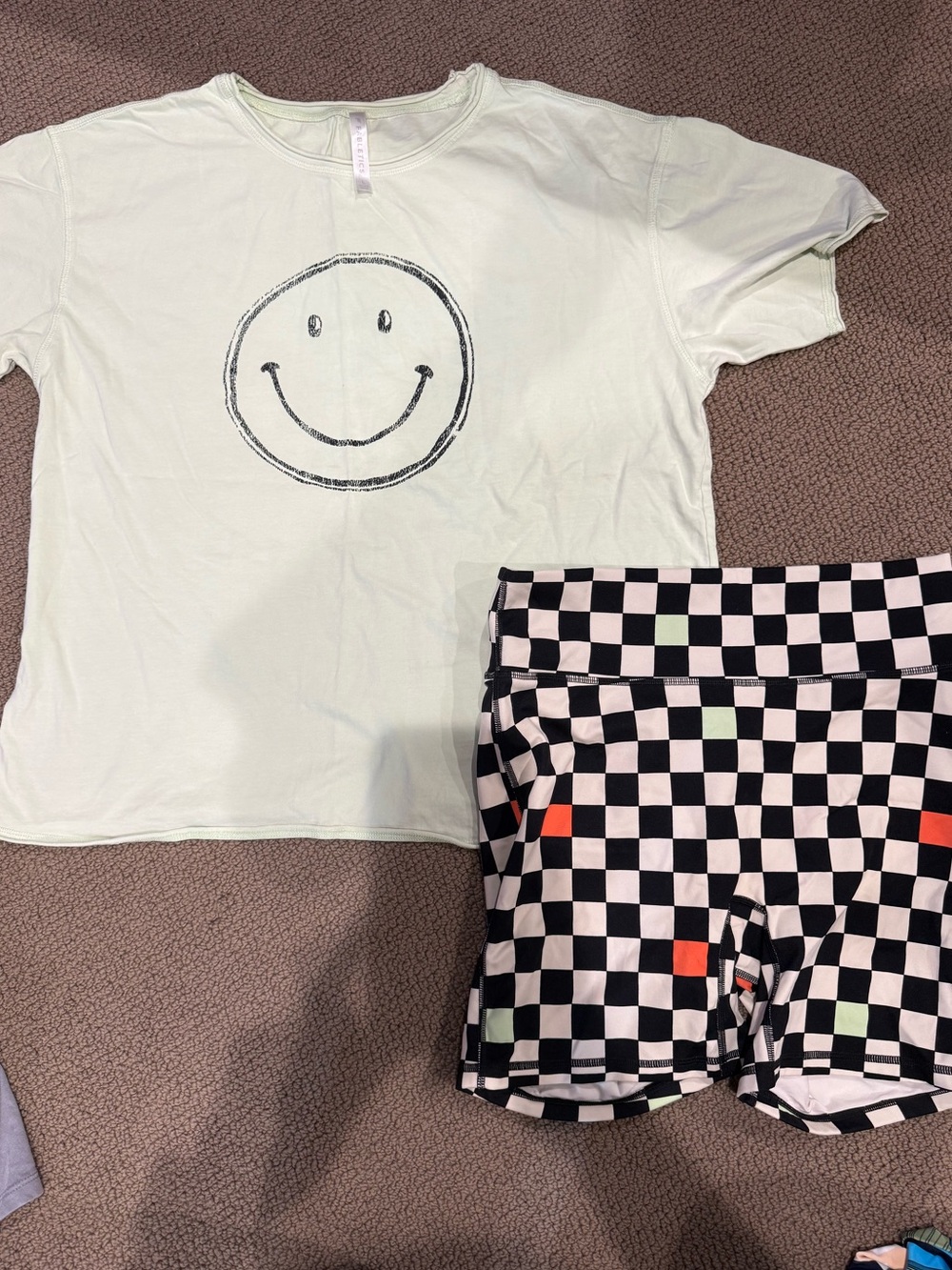 Fabletics Light Mint Smiley Tee & Black Check Shorts